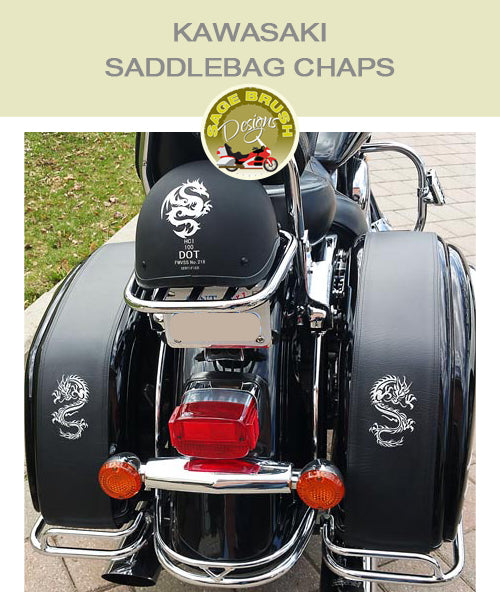 Kawasaki Saddlebag Chaps on black with white embroidered dragons
