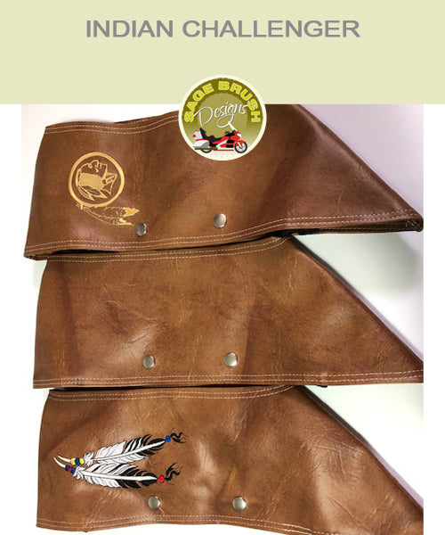 Indian Challenger tan engine guard chaps with feather embroidery