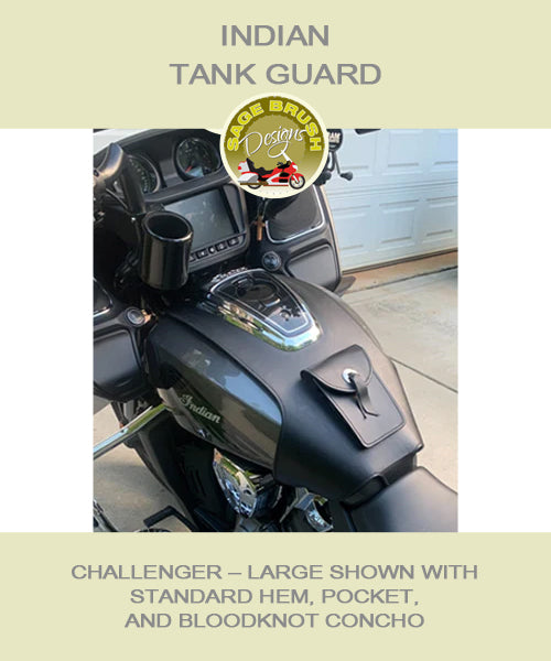 Indian Challenger Tank  Guard in black with standard hem, pocket, and bloodknot concho