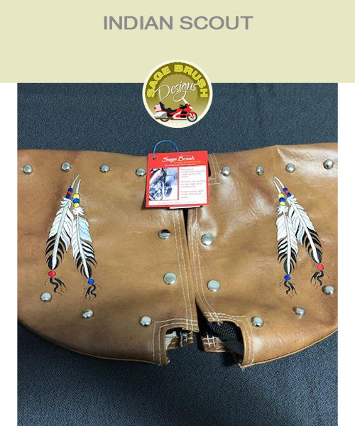 Indian Scout tan engine guard chaps with studs and feather embroidery