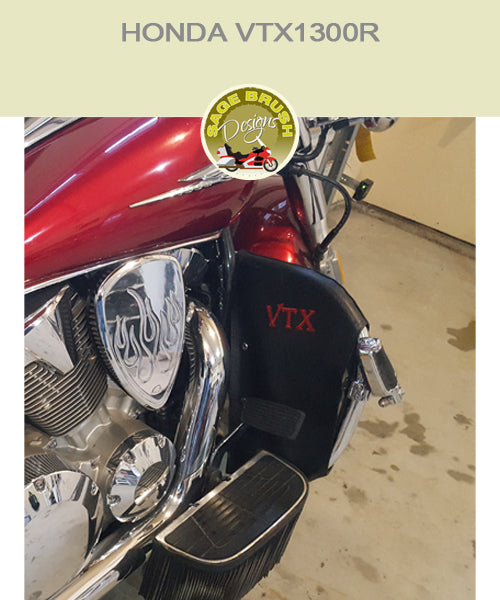 Honda VTX1300R black engine guard chaps with 'VTX' embroidered in red