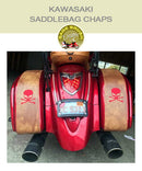 Kawasaki Saddlebag Chaps in tan with red embroidered skulls