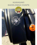 Kawasaki Saddlebag Chaps in black with embroidered firefighter crest